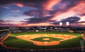 A baseball field at sunset with a dramatic sky.