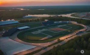 Aerial view of a racetrack and baseball fields at sunset with a lake in the background.