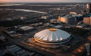 Aerial view of the New Orleans Superdome stadium and surrounding cityscape at dusk.