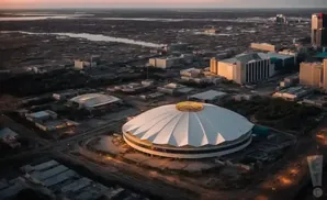 Aerial view of a domed stadium and surrounding cityscape at dusk.