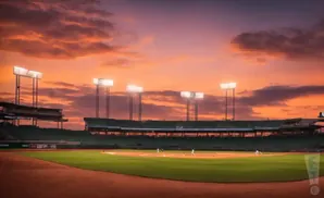 A baseball stadium at sunset with vibrant orange and purple clouds.