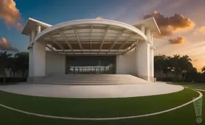 Modern white building with a curved canopy, grand staircase, and palm trees at sunset.