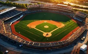 Aerial view of a baseball stadium during a game, with players on the field and spectators in the stands.