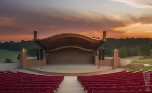 Outdoor amphitheater with red seats facing a stage under a colorful sunset sky.