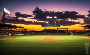 A baseball field at sunset with purple and orange clouds.