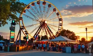 Ferris wheel at a fairground at sunset with people and tents below.