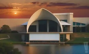 Modern building with a curved roof overlooking a lake at sunset.