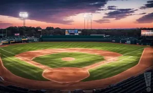 A baseball field at sunset with lights on and a colorful sky.