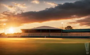 A baseball field at sunset with a lone figure on the diamond and a logo in the corner.