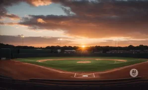 Sunset over a baseball field, with bright lights and dramatic clouds.