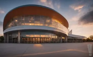 A modern, curved building with large glass windows reflecting the sunset sky.