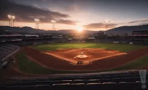 Baseball stadium at sunset with the sun low on the horizon.