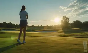 Golfer on a tee box at sunset, with a sun flare over the golf course.