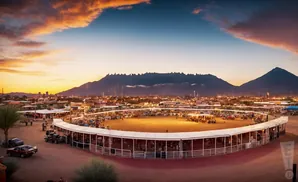 Rodeo arena at sunset with mountains in the background.