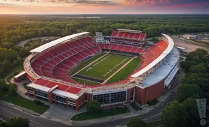 Aerial view of a red-seated football stadium surrounded by trees at sunset.