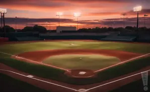 A baseball field at sunset with stadium lights on, under a colorful sky.