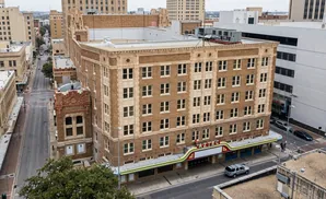 Aerial view of the Aztec Theater in downtown San Antonio, Texas.