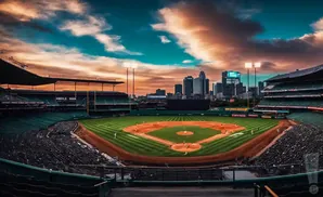 Baseball stadium with a city skyline at sunset.