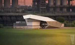 Modern white structure with angular roof in front of industrial buildings.