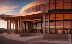 Modern building with curved roof and large windows reflecting an orange sunset.