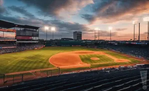 A baseball stadium at sunset with stadium lights on and a scoreboard visible.