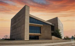 Modern concrete building with large windows against a dramatic orange and pink sky.