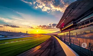 Sunset over a racetrack with grandstands and a bright sky.