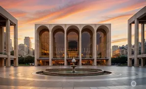 Lincoln Center plaza at sunset with a fountain and arched building.