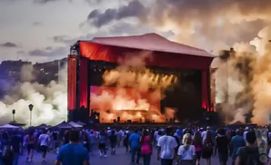A concert stage with smoke and a crowd of people enjoying the performance.