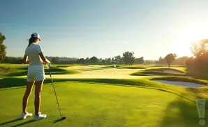 Golfer on a green course with sand traps and trees under a sunny sky.