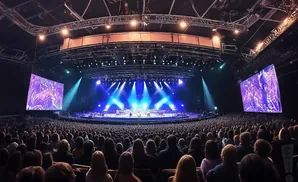 A large audience watches a concert on a brightly lit stage with massive screens on either side displaying purple abstract art.