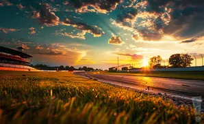 Golden sunset over a racetrack with stadium seating and grass in the foreground.