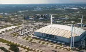 Aerial view of a large, white domed stadium surrounded by industrial buildings and a vast, undeveloped landscape.