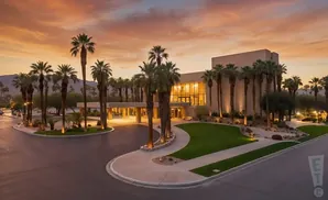 Sunset over a modern building with palm trees, featuring a curved driveway and manicured lawn.