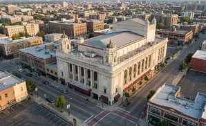 Aerial view of a large, ornate theater surrounded by city buildings and streets.