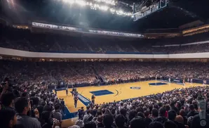 A basketball game in a packed, well-lit arena with fans in the stands.