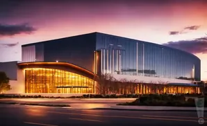 Modern glass building with glowing windows at sunset.