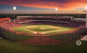 Baseball stadium at sunset with players on the field and fans in the stands.