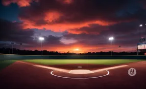 A baseball field at sunset with dramatic orange clouds and stadium lights.