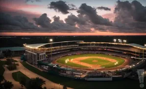 Aerial view of a baseball stadium at dusk with a colorful sky and illuminated field.