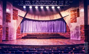 An empty theater stage with purple curtains and tiered seating in the foreground.