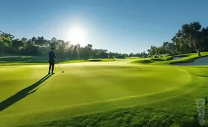 Golfer on a vibrant green golf course with the sun shining brightly.