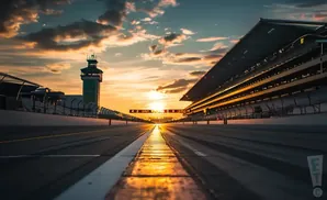 Race track at sunset with stadium seating and a control tower.