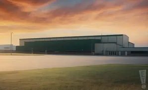 A large industrial building with green accents stands under a vibrant orange and pink sunset sky.