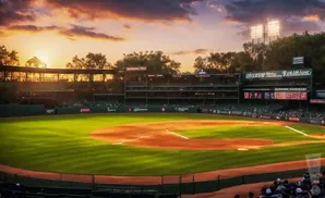 Baseball stadium at sunset with a warm glow on the field and stadium lights.