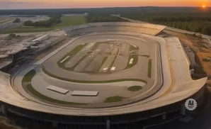 Aerial view of a vast, empty race track at sunset, with some construction visible.