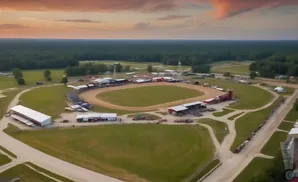 Aerial view of a dirt oval racetrack with grandstands, buildings, and trees under a sunset sky.