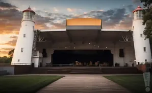 Outdoor amphitheater with two lighthouse-like towers, stage, and wooden walkway at sunset.