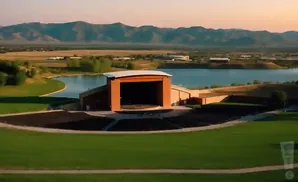 An outdoor amphitheater with a stage sits beside a lake, with mountains in the background.
