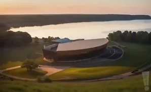 An aerial view of a large, ark-shaped building with a light-colored roof and dark walls, set against a wide body of water at sunset.
